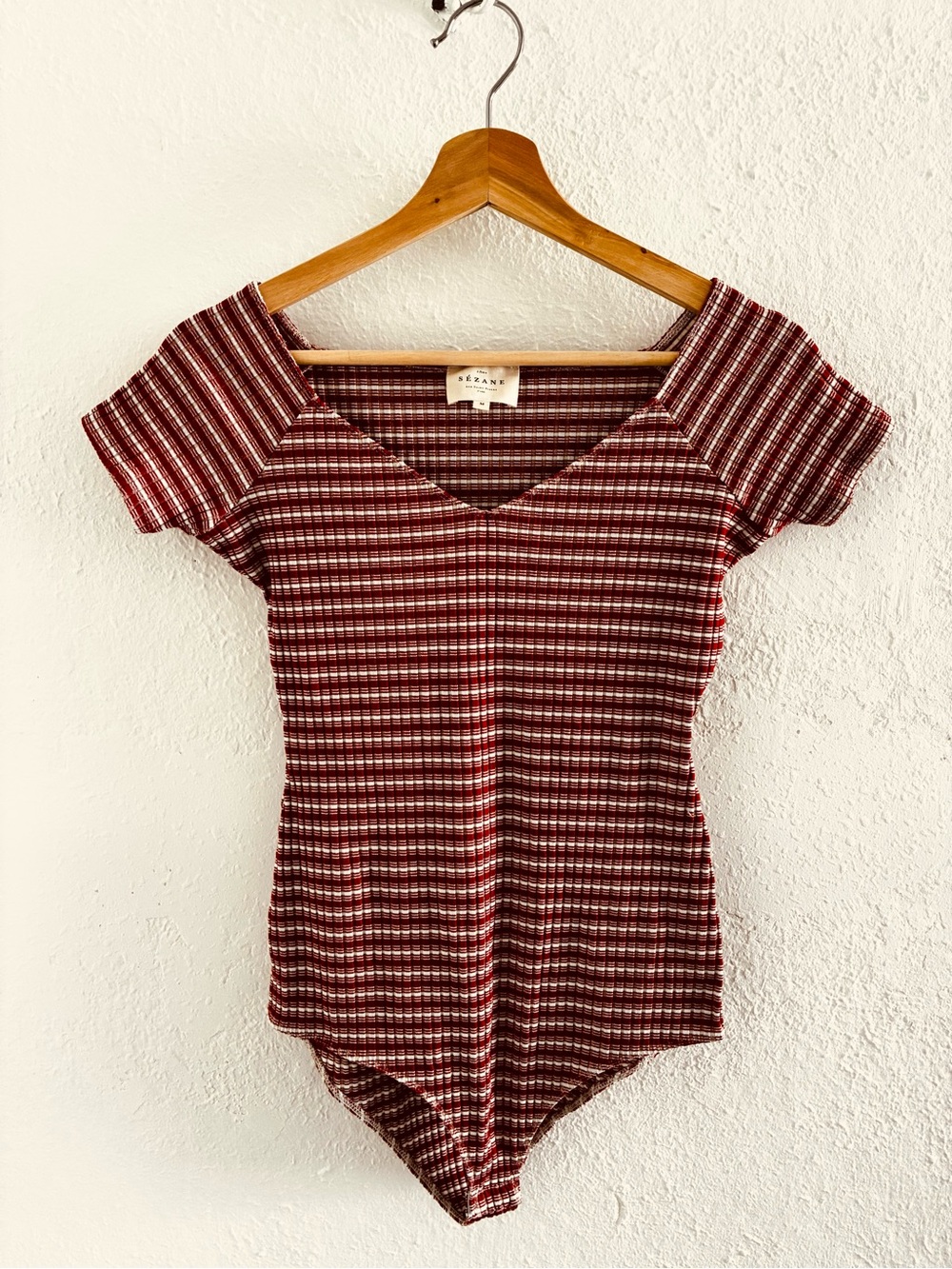 Sezane Red and White Striped Ribbed Short-Sleeve Bodysuit
